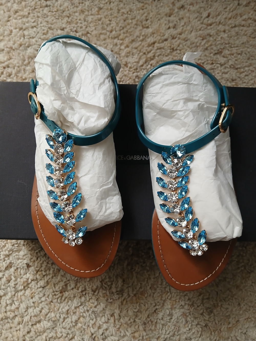 Dolce & Gabbana Teal Crystal T-Strap Sandals with Gold Accents
